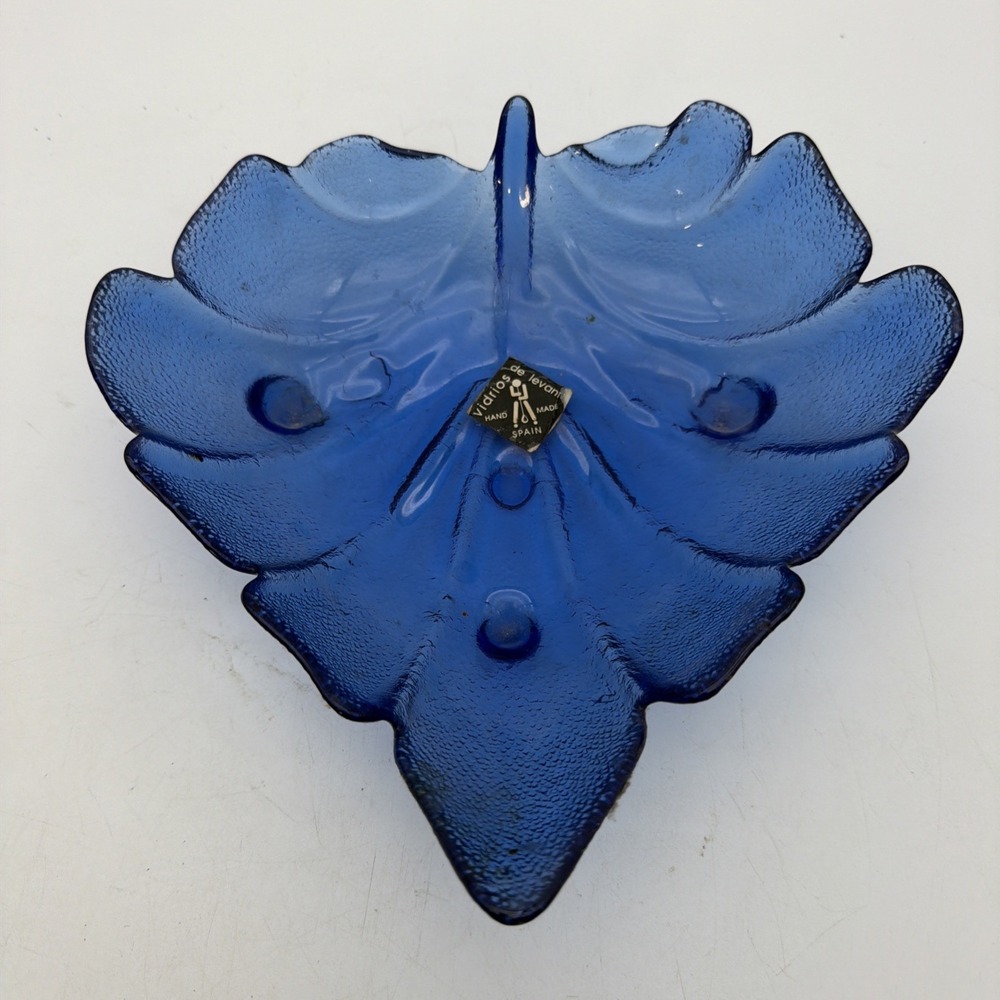 Vintage Blue Art Glass Footed Leaf Bowl Dish Federal Cobalt Candy